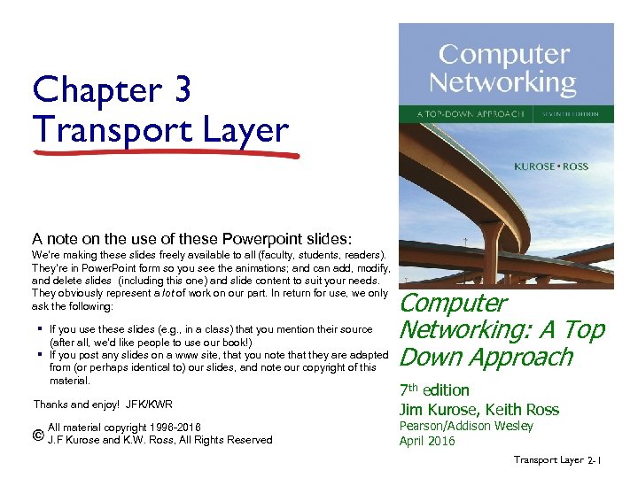 Chapter 3 Transport Layer A note on the use of these Powerpoint slides: We’re