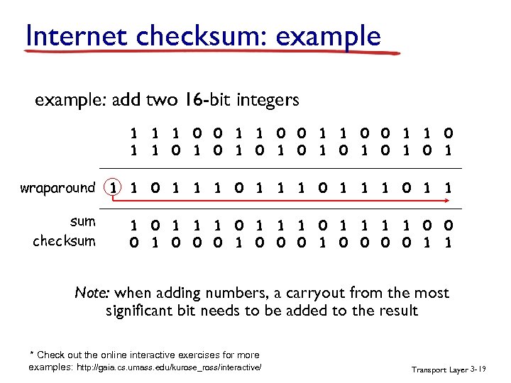 Internet checksum: example: add two 16 -bit integers 1 1 0 0 1 1