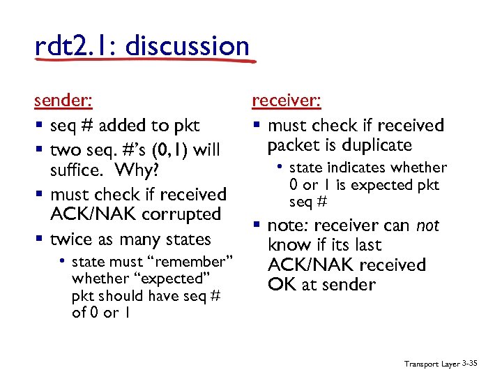 rdt 2. 1: discussion sender: § seq # added to pkt § two seq.
