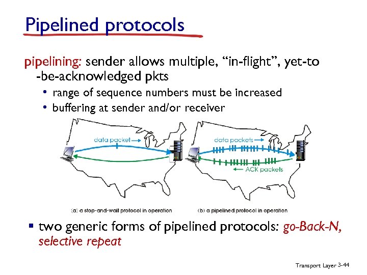 Pipelined protocols pipelining: sender allows multiple, “in-flight”, yet-to -be-acknowledged pkts • range of sequence