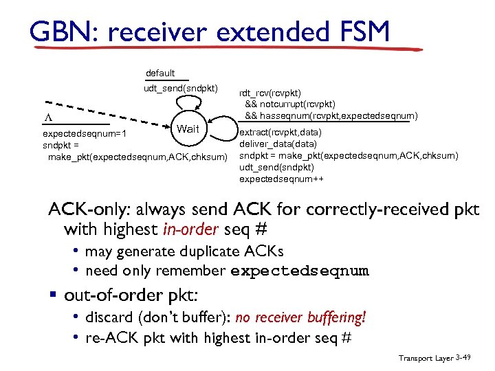 GBN: receiver extended FSM default udt_send(sndpkt) L Wait expectedseqnum=1 sndpkt = make_pkt(expectedseqnum, ACK, chksum)