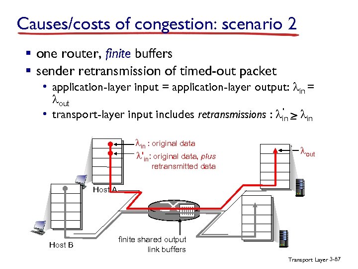 Causes/costs of congestion: scenario 2 § one router, finite buffers § sender retransmission of