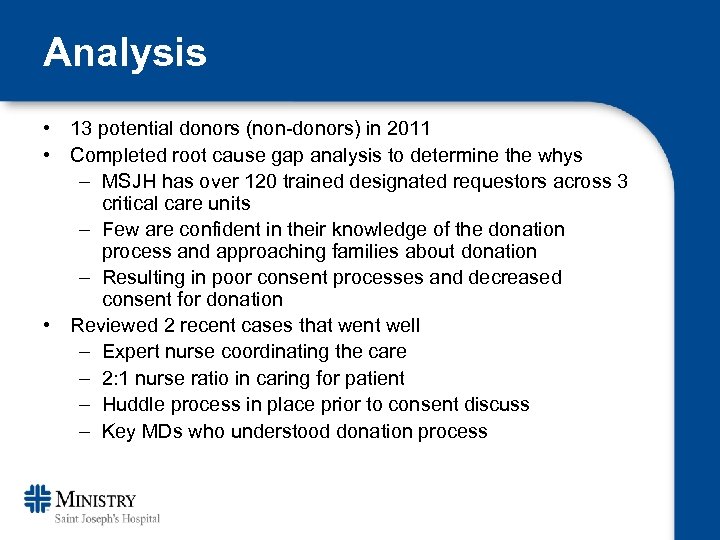 Analysis • 13 potential donors (non-donors) in 2011 • Completed root cause gap analysis