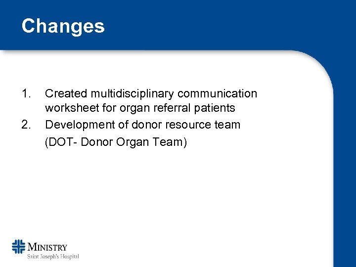 Changes 1. 2. Created multidisciplinary communication worksheet for organ referral patients Development of donor