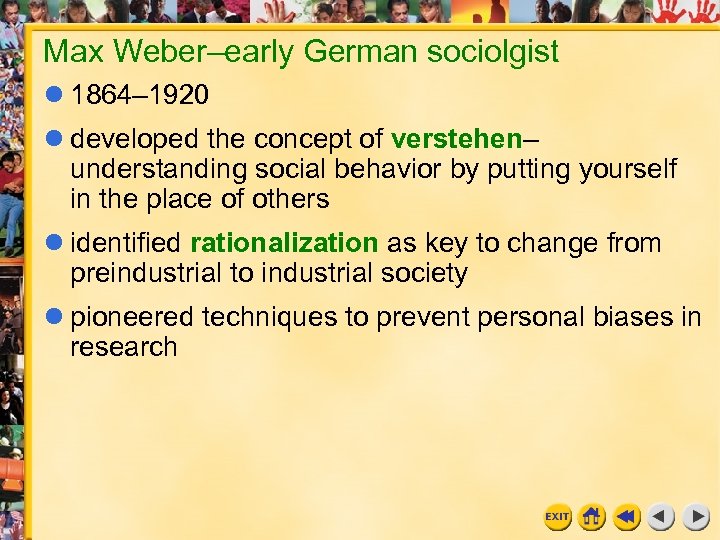 Max Weber–early German sociolgist 1864– 1920 developed the concept of verstehen– understanding social behavior