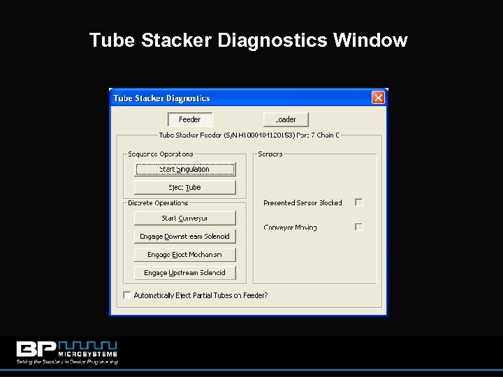 Tube Stacker Diagnostics Window 