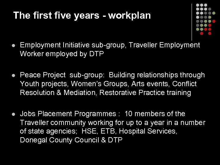 The first five years - workplan l Employment Initiative sub-group, Traveller Employment Worker employed