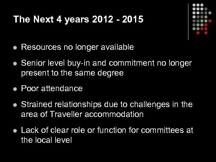 The Next 4 years 2012 - 2015 l Resources no longer available l Senior