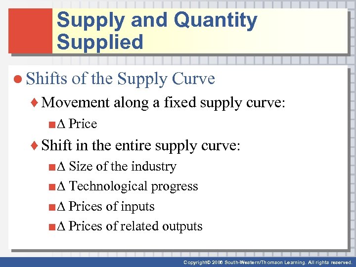 Supply and Quantity Supplied ● Shifts of the Supply Curve ♦ Movement along a