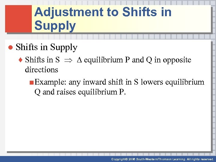 Adjustment to Shifts in Supply ● Shifts in Supply ♦ Shifts in S equilibrium