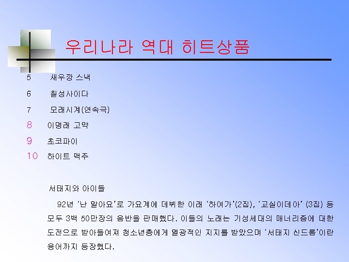 우리나라 역대 히트상품 5 새우깡 스낵 6 칠성사이다 7 모래시계(연속극) 8 이명래 고약 9