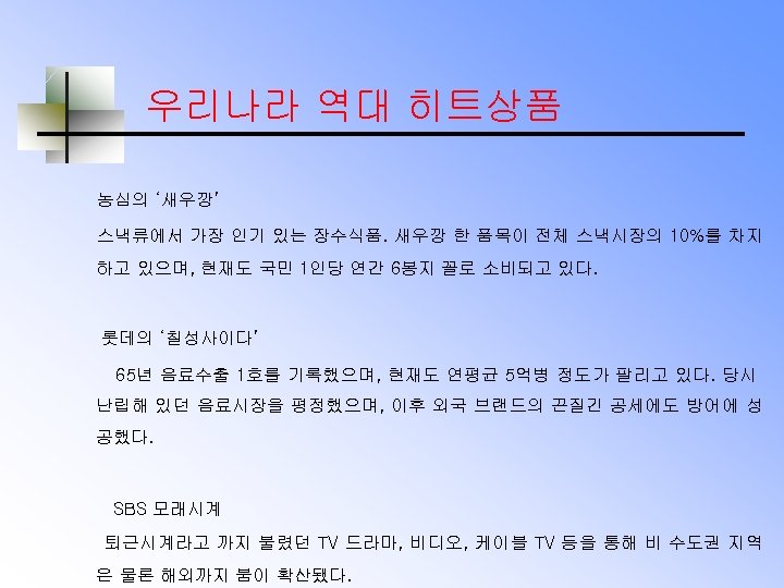 우리나라 역대 히트상품 농심의 ‘새우깡’ 스낵류에서 가장 인기 있는 장수식품. 새우깡 한 품목이 전체