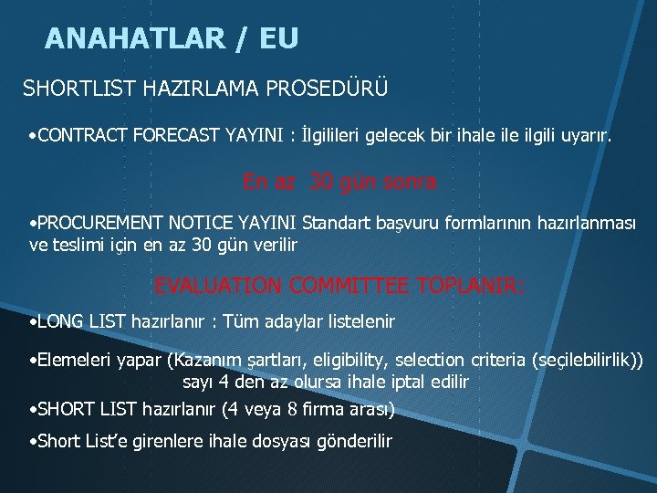 ANAHATLAR / EU SHORTLIST HAZIRLAMA PROSEDÜRÜ • CONTRACT FORECAST YAYINI : İlgilileri gelecek bir