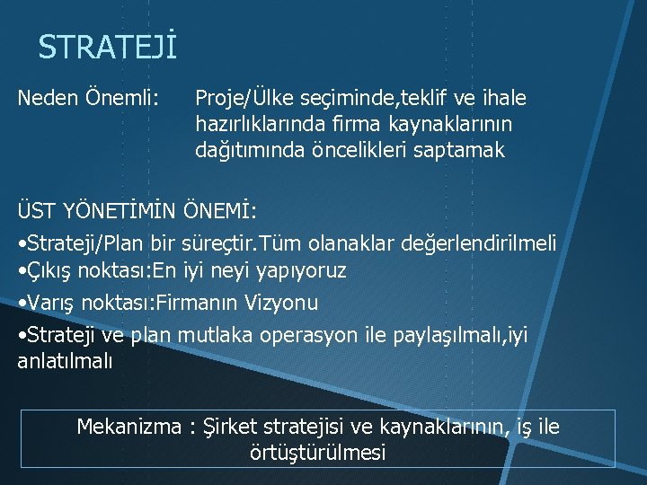 STRATEJİ Neden Önemli: Proje/Ülke seçiminde, teklif ve ihale hazırlıklarında firma kaynaklarının dağıtımında öncelikleri saptamak