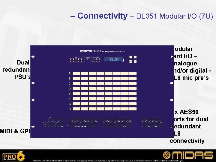 – Connectivity – DL 351 Modular I/O (7 U) Dualredundant PSU’s MIDI & GPIO
