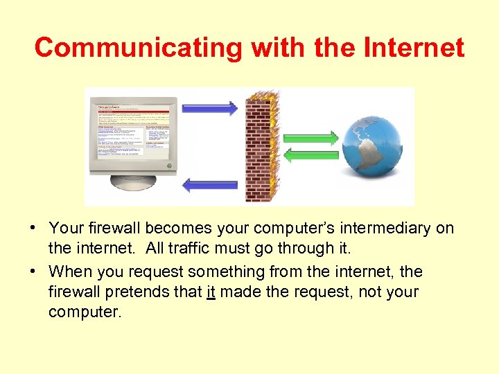 Communicating with the Internet • Your firewall becomes your computer’s intermediary on the internet.
