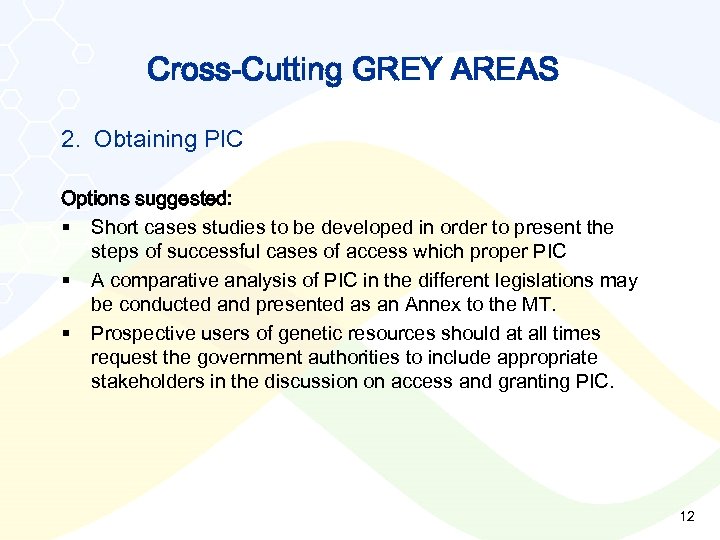 Cross-Cutting GREY AREAS 2. Obtaining PIC Options suggested: § Short cases studies to be