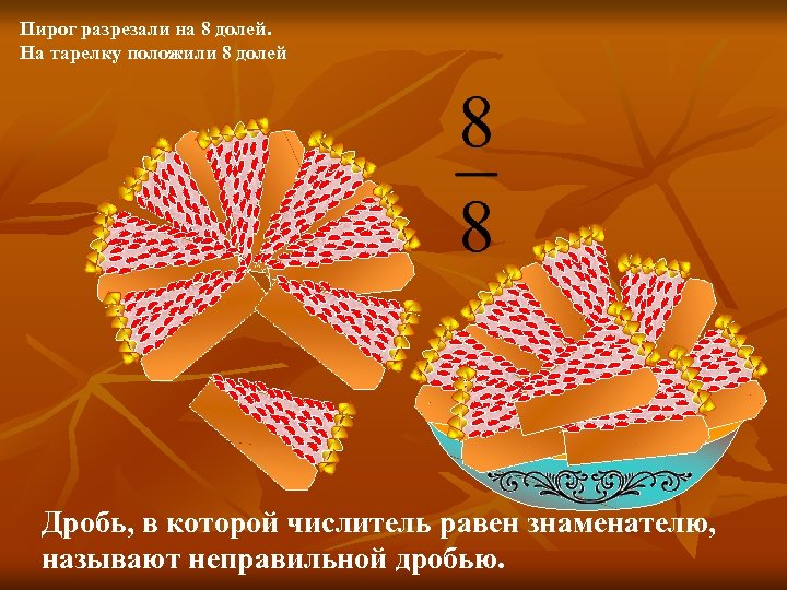 Пирог разрезали на 8 долей. На тарелку положили 8 долей Дробь, в которой числитель
