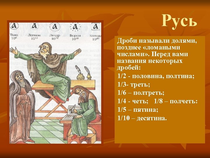 Из какого в 1 трети. Дроби в древней Руси. Обыкновенные дроби на Руси. Проект по математике обыкновенные дроби на Руси. Название дробей на Руси.