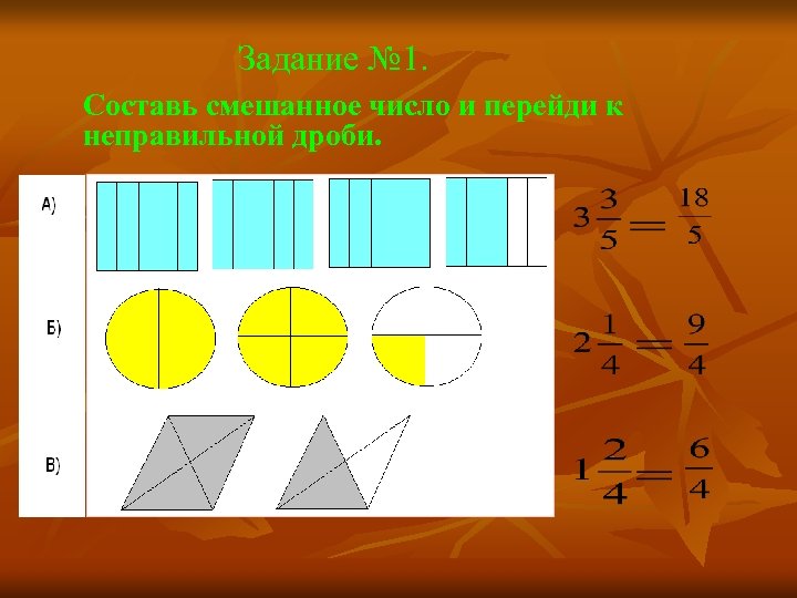 Задание № 1. Составь смешанное число и перейди к неправильной дроби. 