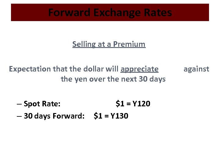 Forward Exchange Rates Selling at a Premium Expectation that the dollar will appreciate the