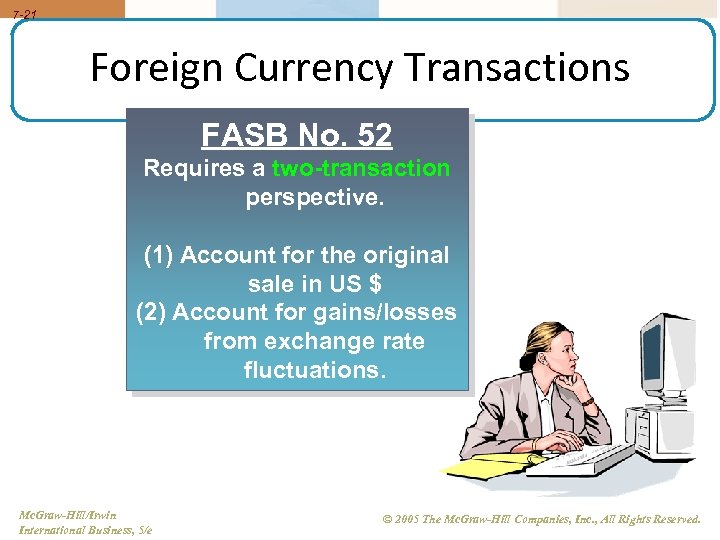7 -21 Foreign Currency Transactions FASB No. 52 Requires a two-transaction perspective. (1) Account