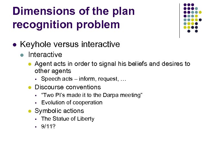 Dimensions of the plan recognition problem l Keyhole versus interactive l Interactive l Agent