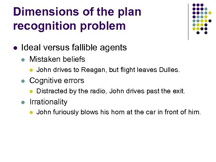 Dimensions of the plan recognition problem l Ideal versus fallible agents l Mistaken beliefs
