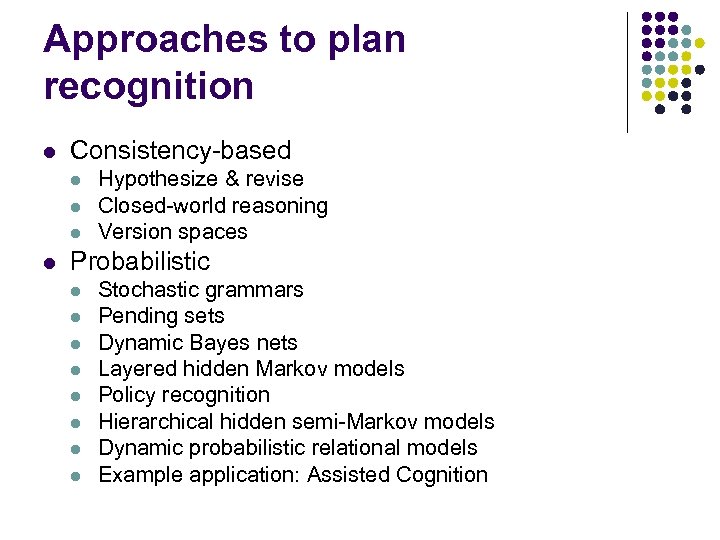 Approaches to plan recognition l Consistency-based l l Hypothesize & revise Closed-world reasoning Version