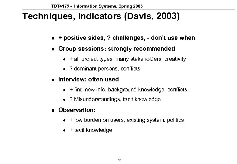 TDT 4175 - Information Systems, Spring 2006 Techniques, indicators (Davis, 2003) n + positive