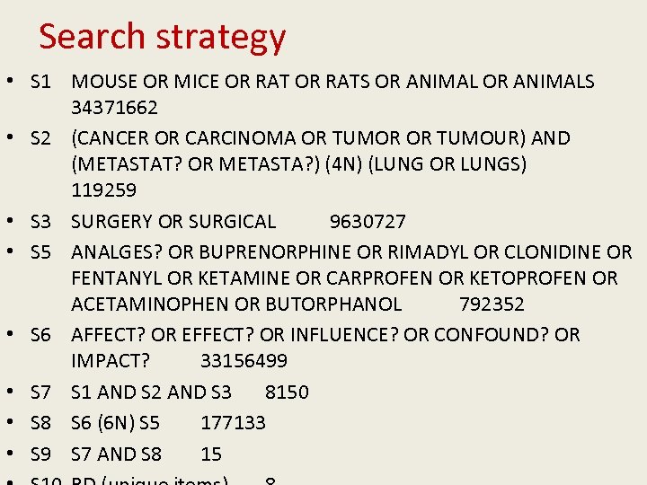 Search strategy • S 1 MOUSE OR MICE OR RATS OR ANIMALS 34371662 •