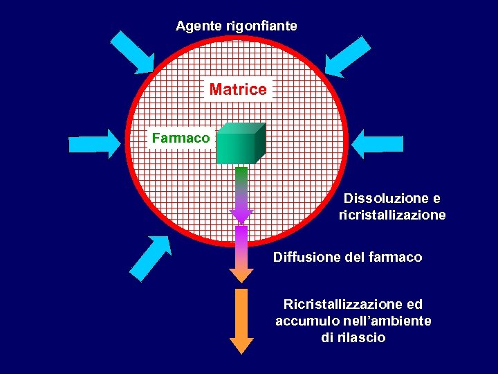Agente rigonfiante Matrice Farmaco Dissoluzione e ricristallizazione Diffusione del farmaco Ricristallizzazione ed accumulo nell’ambiente