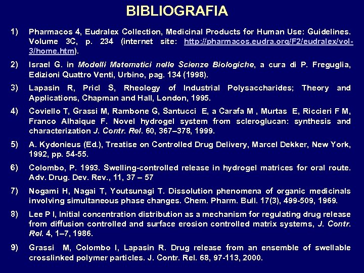 BIBLIOGRAFIA 1) Pharmacos 4, Eudralex Collection, Medicinal Products for Human Use: Guidelines. Volume 3