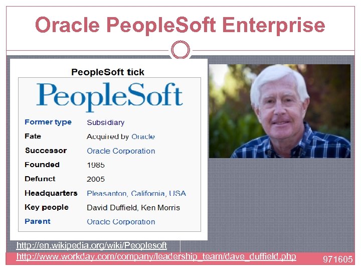 Oracle People. Soft Enterprise http: //en. wikipedia. org/wiki/Peoplesoft http: //www. workday. com/company/leadership_team/dave_duffield. php 971605