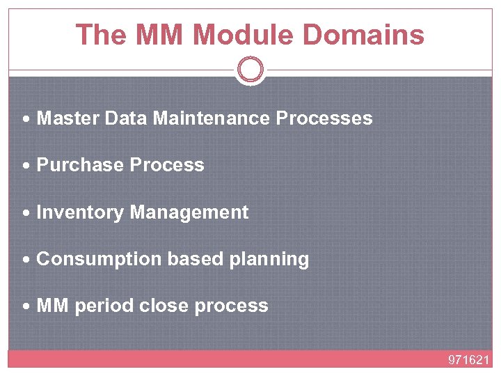 The MM Module Domains Master Data Maintenance Processes Purchase Process Inventory Management Consumption based