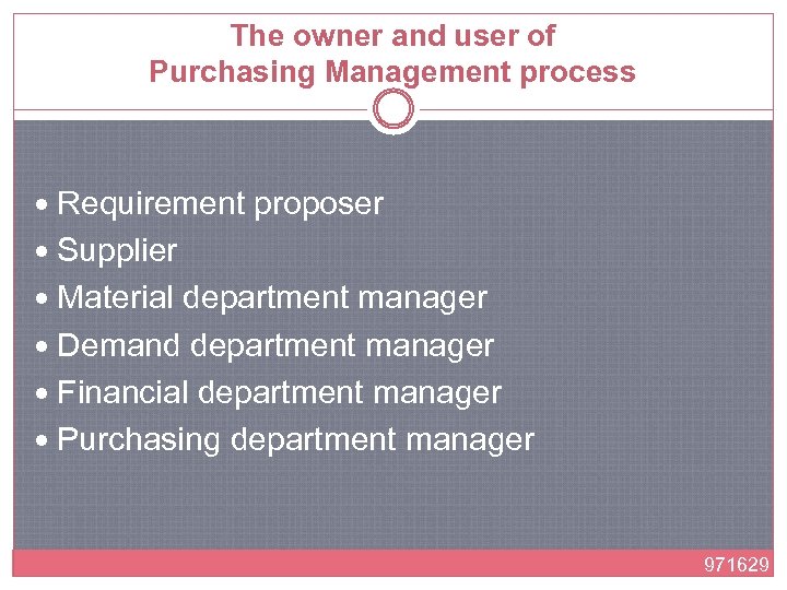 The owner and user of Purchasing Management process Requirement proposer Supplier Material department manager