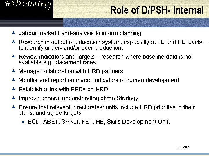 HRD Strategy Role of D/PSH- internal æ Labour market trend-analysis to inform planning æ