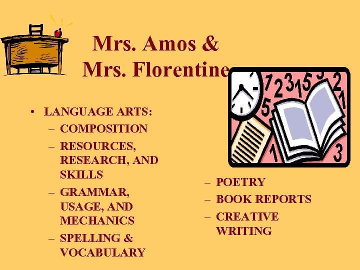 Mrs. Amos & Mrs. Florentine • LANGUAGE ARTS: – COMPOSITION – RESOURCES, RESEARCH, AND