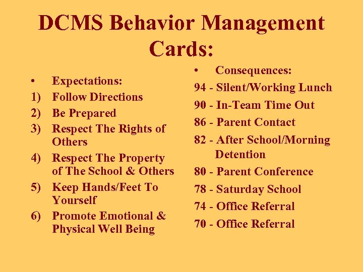 DCMS Behavior Management Cards: • 1) 2) 3) Expectations: Follow Directions Be Prepared Respect