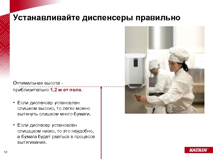 Устанавливайте диспенсеры правильно Оптимальная высота приблизительно 1, 2 м от пола. • Если диспенсер