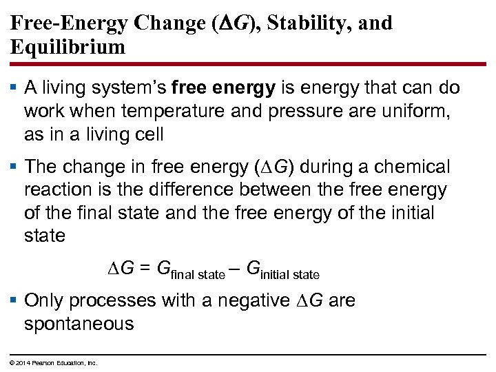 Free-Energy Change ( G), Stability, and Equilibrium § A living system’s free energy is