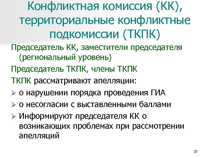 Конфликтная комиссия (КК), территориальные конфликтные подкомиссии (ТКПК) Председатель КК, заместители председателя (региональный уровень) Председатель