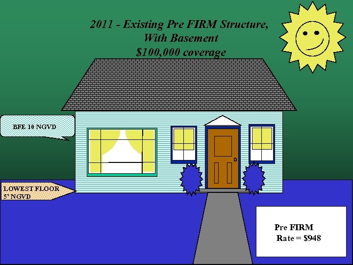 2011 - Existing Pre FIRM Structure, With Basement $100, 000 coverage BFE 10 NGVD
