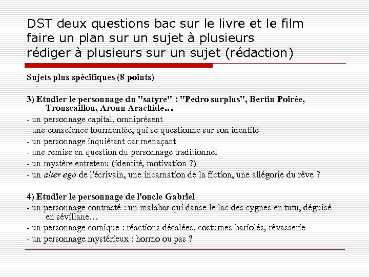 DST deux questions bac sur le livre et le film faire un plan sur