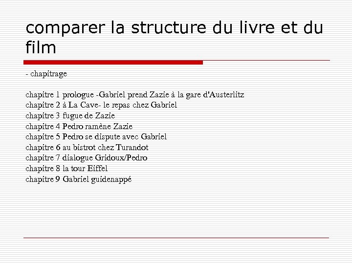 comparer la structure du livre et du film - chapitrage chapitre 1 prologue -Gabriel