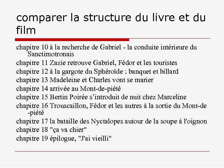 comparer la structure du livre et du film chapitre 10 à la recherche de