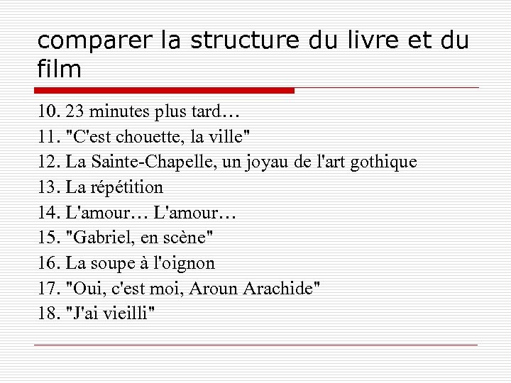 comparer la structure du livre et du film 10. 23 minutes plus tard… 11.