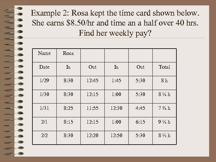 Example 2: Rosa kept the time card shown below. She earns $8. 50/hr and