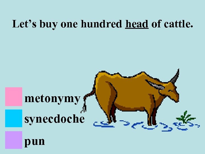 Let’s buy one hundred head of cattle. metonymy synecdoche pun 