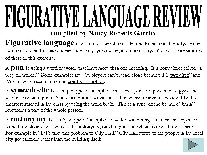 compiled by Nancy Roberts Garrity Figurative language is writing or speech not intended to
